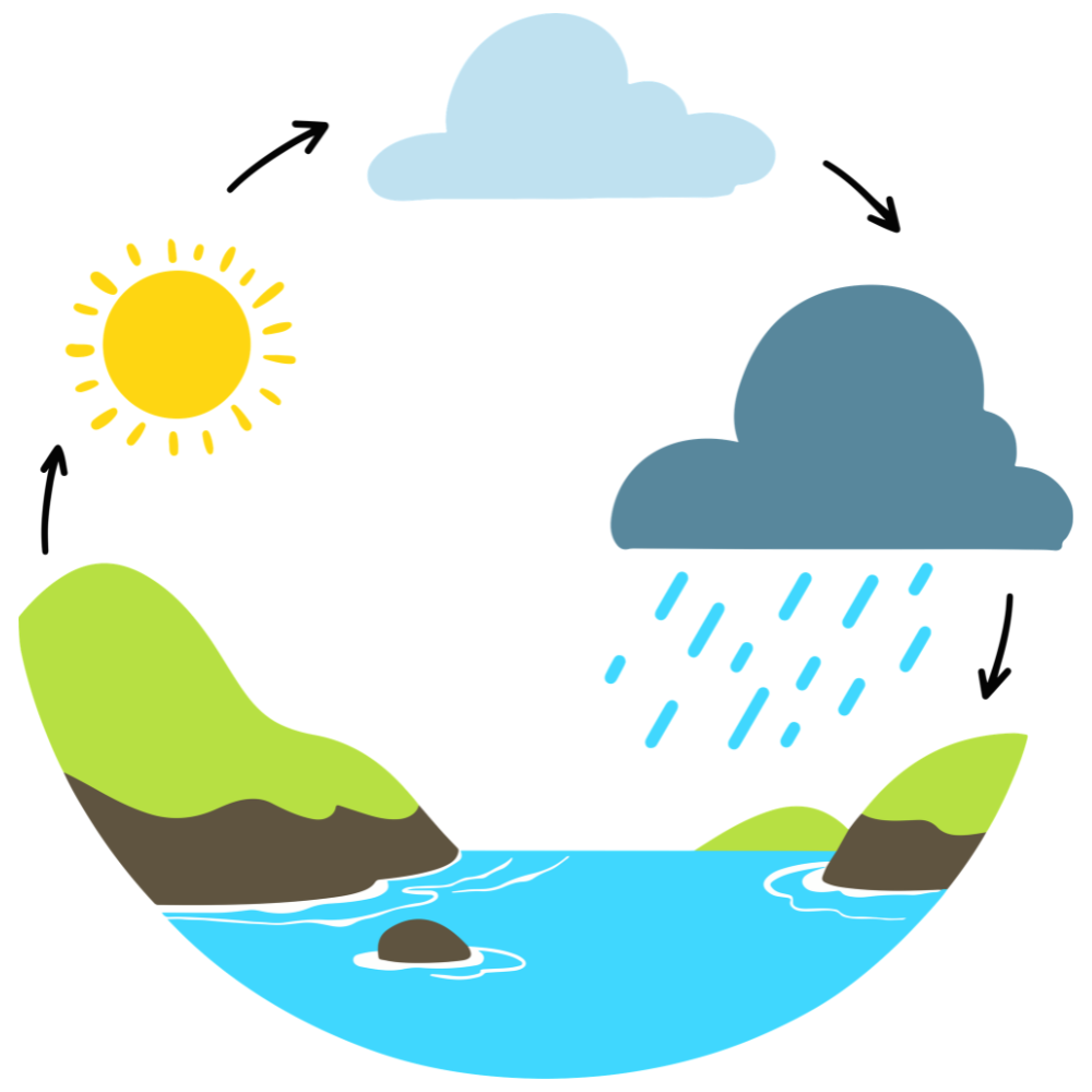 A simple graphic depicting water evaporating from the land, forming clouds then raining into a river
